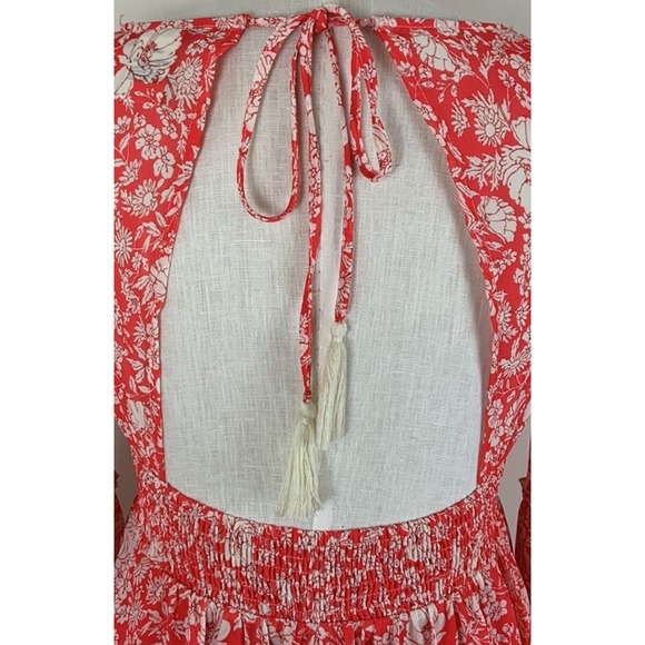 A CALIN Flying Tomato Red Floral Tiered Ruffle Bell Sleeve Maxi Boho dress SzMED - Picture 6 of 8